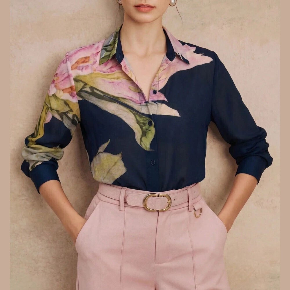 Navy Blue Watercolor Floral Print Sheer Chiffon Long Sleeve Button Up Shirt